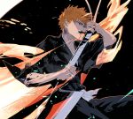 (shikai),zanpakutou, background,black bleach,kurosaki clothes,kimono,light focus,orange hair,shikai,shinigami,short hair,solo,spiky hair,sword,weapon,zangetsu hakama,black hollow huecoficacion ichigo,general1boy,black kimono,closed mask, mouth,cofffee,hakama,holding,holding particles,looking side,male sword,holding the to weapon,\r\njapanese