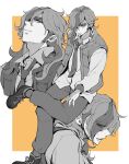 1boy arven_(pokemon) collared_shirt greyscale greyscale_with_colored_background hair_over_one_eye highres long_hair monochrome multicolored_hair multiple_views necktie open_clothes open_vest pants pokemon pokemon_(game) pokemon_sv roji_(rozio) school_uniform shirt vest 
