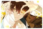  1boy bandaged_neck bandages black_hair black_jacket blurry blurry_background border bungou_stray_dogs closed_mouth collared_shirt dated dazai_osamu_(bungou_stray_dogs) flower hand_up heart highres jacket looking_at_viewer male_focus one_eye_covered portrait shirt short_hair smile solo white_background white_border white_shirt yellow_eyes yellow_flower yss_nno 