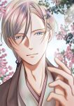  1boy adam&#039;s_apple blue_eyes blurry blurry_background flower grey_hair highres japanese_clothes kimono kouzukihikaru kudou_kiyoka long_hair looking_at_viewer outdoors ponytail solo upper_body watashi_no_shiawase_na_kekkon 