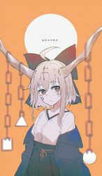  1girl ahoge blurry bow chain closed_mouth facial_mark flat_chest hair_bow highres horns ibuki_suika japanese_clothes looking_to_the_side medium_hair miko o_(crazyoton46) simple_background solo touhou 