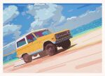  beach blue_sky border clouds cloudy_sky day dora_(dr3032) dutch_angle ford_bronco grey_border highres motor_vehicle no_humans original outdoors sand shadow signature sky sports_utility_vehicle vehicle_focus yellow_car 