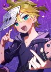  1boy absurdres aqua_eyes aruminsuko blonde_hair electric_guitar fang flying_sweatdrops guitar highres holding holding_instrument hood hoodie instrument kagamine_len looking_at_viewer roki_(vocaloid) short_hair smile solo sparkle sweatdrop vocaloid 