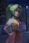  1girl breasts closed_mouth collared_shirt cowboy_shot fence frown green_eyes green_hair hair_intakes hand_on_own_hip high-waist_skirt highres higurashi_no_naku_koro_ni lamppost long_hair medium_breasts nasubin_(nasubisamurai15) necktie night open_clothes open_vest outdoors pleated_skirt ponytail red_necktie red_skirt road school_uniform shaded_face shirt short_sleeves sidelocks skirt solo sonozaki_mion standing street very_long_hair vest wing_collar yellow_vest 
