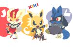  +_+ 3boys :&gt; animal_ears animal_hands animal_nose artist_name black_fur black_hakama black_jacket black_pants black_sclera blue_fur body_fur chibi cinderace closed_mouth clothed_pokemon colored_sclera commentary_request dog_tags fang flame_print full_body furry furry_male green_kimono grey_shirt hakama happy initial jacket japanese_clothes jewelry jolteon kiki_(431642) kimono kneehighs leg_up looking_at_viewer lucario male_focus multicolored_footwear multiple_boys necklace no_lineart open_clothes open_jacket open_mouth pants personification pokemon pokemon_(creature) punk rabbit_boy rabbit_ears rabbit_tail red_eyes red_shorts redhead shirt shoes short_hair shorts sideways_mouth signature smile snout socks spikes spiky_hair standing standing_on_one_leg tail torn_clothes torn_pants two-tone_fur white_background white_eyes white_fur white_hair white_jacket white_shirt white_socks wolf_boy wolf_ears wolf_tail yellow_fur 