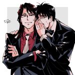  2boys artist_name black_bow black_bowtie black_eyes black_hair black_jacket bow bowtie closed_mouth collared_shirt commentary_request crossed_arms dated grey_background hand_on_another&#039;s_shoulder highres ichijou_seiya jacket kaiji long_hair long_sleeves looking_at_viewer male_focus medium_bangs multiple_boys murakami_tamotsu necktie red_shirt redhead shirt short_hair smile two-tone_background unknown03162 upper_body whispering white_background white_necktie white_shirt 