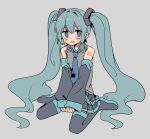  1girl @_@ bare_shoulders blue_eyes blue_hair blush detached_sleeves facing_viewer grey_background hatsune_miku highres long_hair long_sleeves necktie open_mouth ra_sii_yo shirt simple_background single_tear skirt solo thigh-highs twintails very_long_hair vocaloid 