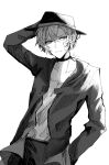  1boy arm_behind_head arm_up bandage_on_face bandages blue_eyes bungou_stray_dogs choker closed_mouth cowboy_shot greyscale hand_in_pocket hat highres jacket lie_nnn male_focus monochrome nakahara_chuuya pants shirt short_hair simple_background solo spot_color standing 
