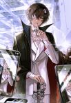  1boy 23cifang ascot bandage_over_one_eye bandaged_arm bandages black_coat black_hair black_nails brooch bungou_stray_dogs cellphone closed_mouth coat coat_on_shoulders cowboy_shot dazai_osamu_(bungou_stray_dogs) finger_to_mouth hand_up highres jacket jewelry long_sleeves male_focus pants phone red_eyes ring shirt shushing smartphone solo standing sword weapon white_jacket white_pants white_shirt 