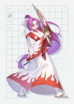  1girl absurdres character_name full_body guumin hair_ribbon highres holding holding_sword holding_weapon japanese_clothes katana long_hair long_sleeves meira_(touhou) open_mouth ponytail purple_hair ribbon socks solo sword tabi touhou touhou_(pc-98) very_long_hair violet_eyes weapon white_ribbon white_socks wide_sleeves 