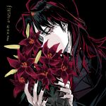  1boy artist_name black_background black_hair black_jacket black_nails black_shirt bouquet collared_shirt commentary_request dated fingernails flower holding holding_bouquet ichijou_seiya jacket kaiji long_hair long_sleeves looking_at_viewer male_focus medium_bangs red_eyes red_flower redhead shirt simple_background solo unknown03162 upper_body 