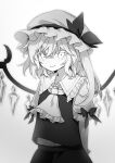  144udy 1girl absurdres ascot buttons closed_mouth collared_shirt crystal flandre_scarlet foul_detective_satori frilled_shirt_collar frills greyscale hair_between_eyes hat highres long_hair mob_cap monochrome one_side_up shirt short_sleeves simple_background skirt smile solo touhou upper_body vest white_background wings wrist_cuffs 