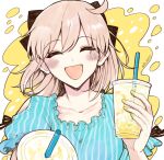  1girl ahoge aruti blue_shirt closed_eyes clothing_cutout contemporary cup disposable_cup drinking_straw fate/grand_order fate_(series) highres okita_souji_(fate) pink_hair shirt shoulder_cutout smile sweat twitter_username yellow_nails 