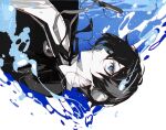  1boy black_hair black_jacket black_ribbon blue_eyes bubble cable closed_mouth collared_shirt gekkoukan_high_school_uniform hair_between_eyes headphones jacket looking_at_viewer male_focus neck_ribbon open_clothes open_jacket persona persona_3 persona_3_reload ribbon school_uniform shirt short_hair solo spot_color water white_background white_shirt xing_20 yuuki_makoto 