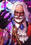  1boy ascot beard black_gloves blue_eyes darkness facial_hair gloves hankuri jp_(street_fighter) male_focus mustache red_vest shirt street_fighter street_fighter_6 vest white_hair white_shirt 