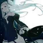  1girl bravely_default_(series) bravely_second:_end_layer breasts cleavage_cutout clothing_cutout cowboy_shot dress dutch_angle flower frilled_sleeves frills full_moon hair_flower hair_ornament hamelon310 highres holding holding_weapon juliet_sleeves long_hair long_sleeves magnolia_arch moon moonlight puffy_sleeves red_eyes short_bangs short_dress smile solo very_long_hair weapon white_hair 