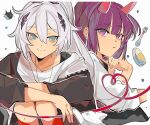  2girls behind_another blue_eyes blunt_bangs cat contemporary couple floating floating_object hair_between_eyes hair_ornament highres honkai_(series) honkai_impact_3rd horns jacket jewelry kiana_kaslana kiana_kaslana_(herrscher_of_flamescion) looking_at_animal looking_at_viewer multiple_girls necklace open_clothes open_jacket ponytail purple_hair raiden_mei raiden_mei_(herrscher_of_thunder) red_ribbon ribbon sanhgreen shirt side-by-side simple_background sitting violet_eyes white_background white_cat white_hair white_shirt yuri 