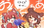  2girls absurdres ahoge akainu_pony akami_karubi animal_ears animal_hands bow braid brown_hair cane cat_ears chibi crosscounter dog_ears fang fighting glasses gloves glowing_fist green_eyes highres hololive indie_virtual_youtuber inugami_korone kazunoko_(gamer) multiple_girls one_eye_closed orange_background paw_gloves punching red_eyes redhead street_fighter street_fighter_6 twin_braids twintails virtual_youtuber 