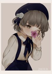  1girl arm_behind_back bad_id bad_twitter_id beret black_headwear black_ribbon black_skirt border brown_background brown_eyes brown_hair collared_shirt cowboy_shot dated expressionless flower flower_over_mouth gotoh510 grey_shirt hair_ribbon hand_up hat hatoba_tsugu highres holding holding_flower leaning_forward long_sleeves looking_at_viewer messy_hair neck_ribbon one_eye_closed puffy_long_sleeves puffy_sleeves purple_flower ribbon shirt shirt_tucked_in short_hair simple_background single_hair_ring skirt solo suspender_skirt suspenders tsugu_(vtuber) virtual_youtuber white_border 