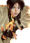  1boy :d atie1225 black_eyes brown_hair curtained_hair fingerless_gloves fire gloves highres jacket kusanagi_kyou looking_at_viewer male_focus pyrokinesis short_hair smile solo the_king_of_fighters white_jacket 