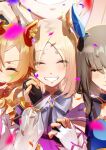  3girls absurdres admire_vega_(umamusume) animal_ears armor black_gloves blonde_hair blush bow bowtie breasts brown_hair closed_eyes closed_mouth coat confetti ear_covers ear_piercing facing_viewer feet_out_of_frame fingerless_gloves gloves grin hand_up highres holding_hands horse_ears long_hair multiple_girls narita_top_road_(umamusume) open_mouth piercing purple_coat see-through see-through_sleeves shirt short_hair shoulder_armor single_ear_cover small_breasts smile solo_focus sparkle sweat t.m._opera_o_(umamusume) umamusume umamusume:_road_to_the_top umeumeduka v-shaped_eyebrows white_gloves white_shirt 