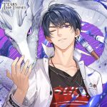  1boy :d black_shirt copyright_name dog_tags dragon english_commentary grin jacket long_sleeves looking_at_viewer male_focus marius_von_hagen_(tears_of_themis) official_art one_eye_closed purple_hair shirt short_hair smile solo tears_of_themis teeth upper_body violet_eyes white_jacket 