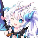  1girl ;d ahoge black_gloves black_jacket black_sports_bra blue_eyes blue_horns chinese_text demon_girl demon_horns demon_wings double_w fang fangs fanzheng_zhen_zhishi_ge_ai_moyu_de_mowang gloves gyaza heart horns huilu jacket long_hair one_eye_closed ponytail purple_wings see-through see-through_sleeves short_sleeves skin_fang smile solo sports_bra star-shaped_pupils star_(symbol) symbol-shaped_pupils upper_body w white_background white_hair wings 