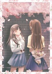  2girls ^_^ absurdres arms_behind_back black_hair blush bouquet brick_wall brown_hair cherry_blossoms closed_eyes falling_petals highres holding holding_bouquet idolmaster idolmaster_cinderella_girls kevn kobayakawa_sae long_sleeves mizumoto_yukari multiple_girls neckerchief petals pleated_skirt red_neckerchief school_uniform serafuku skirt smile 