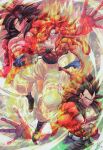  3boys abs absurdres biceps black_hair blue_eyes blue_sash body_fur closed_mouth dragon_ball dragon_ball_gt gogeta highres long_hair looking_at_viewer male_focus metamoran_vest monkey_boy monkey_tail multiple_boys muscular muscular_male no_nipples ota_ta999 pants pectorals red_fur redhead sash son_goku spiky_hair super_saiyan super_saiyan_4 tail vegeta white_pants yellow_pants 