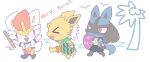  &gt;_&lt; 3boys ^_^ animal_ears animal_hands animal_nose arm_at_side arm_up arms_up artist_name black_fur black_shorts blue_fur blue_jacket blush blush_stickers body_fur bone_print buck_teeth chibi cinderace closed_eyes closed_mouth clothed_pokemon commentary_request drawstring facing_viewer fang flame_print flat_color food from_side fruit full_body furry furry_male green_shirt happy holding holding_food holding_fruit holding_innertube holding_stick innertube jacket jolteon kiki_(431642) lucario male_focus multicolored_fur multiple_boys open_clothes open_jacket open_mouth open_shirt orange_shorts outstretched_arms palm_tree personification pokemon pokemon_(creature) profile rabbit_boy rabbit_ears rabbit_tail red_shorts redhead shirt short_hair short_sleeves shorts sideways_mouth signature simple_bird sketch smile snout spikes spiky_hair standing stick tail teeth tree twitter_username two-tone_fur walking watermelon white_background white_fur white_hair white_jacket white_shirt wolf_boy wolf_ears wolf_tail wristband yellow_fur 