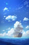  bird blue_sky clouds commentary cyclecircle day english_commentary flag highres horizon no_humans ocean original outdoors sail scenery ship sky sunlight water watercraft wide_shot 