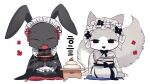  2girls animal_ears black_hanbok closed_eyes flower hanbok happy happy_new_year inudogsaikou korean_clothes multiple_girls original rabbit rabbit_ears rabbit_girl rose sitting table tail white_hanbok wolf wolf_ears wolf_girl wolf_tail 