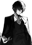  1boy bandage_over_one_eye bandaged_neck bandages bungou_stray_dogs closed_mouth collared_shirt cowboy_shot dazai_osamu_(bungou_stray_dogs) greyscale highres jacket jacket_on_shoulders lie_nnn looking_at_viewer male_focus monochrome red_eyes shirt short_hair simple_background solo spot_color standing vest 