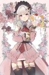  1girl black_thighhighs blonde_hair blush bouquet character_request clothing_cutout commentary dress final_fantasy final_fantasy_xiv highres holding holding_bouquet long_hair mokokoiro pink_dress pink_nails shoulder_cutout smile solo symbol-only_commentary thigh-highs violet_eyes 