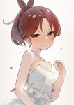  1girl alternate_costume bare_shoulders breasts brown_eyes brown_hair commentary dress highres kantai_collection looking_at_viewer ponytail sakieko shikinami_(kancolle) short_hair small_breasts smile solo strapless strapless_dress upper_body white_background white_dress 