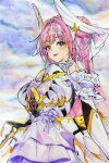  1girl armor bare_shoulders blush breasts closed_mouth colored_pencil_(medium) detached_sleeves dorothy_(nikke) dress frilled_dress frills goddess_of_victory:_nikke hair_bun highres large_breasts long_hair michikusa_choco pink_hair ribbon single_side_bun skirt smile solo thigh-highs traditional_media twitter_username very_long_hair violet_eyes 