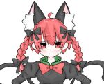  1girl :/ ahoge animal_ear_fluff animal_ears black_bow bow bowtie braid breasts cat_ears cat_tail commentary_request dress extra_ears fang fang_out frills fumomono glaring grey_dress hair_bow hair_ribbon hands_on_own_hips juliet_sleeves kaenbyou_rin light_blush long_hair long_sleeves medium_breasts multiple_tails nekomata puffy_sleeves red_bow red_bowtie red_eyes redhead ribbon simple_background skin_fang solo straight-on tail touhou tress_ribbon twin_braids two_tails upper_body white_background 