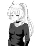  1girl ahoge alternate_hairstyle bocchi_the_rock! breasts choker closed_mouth collarbone detached_ahoge highres ijichi_seika long_hair long_sleeves looking_at_viewer monochrome ponytail pout shirt solo upper_body wata9mm_no white_background 