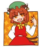  animal_ears blush_stickers brown_eyes brown_hair cat_ears cat_tail chen commentary earrings fang galvez green_headwear hat jewelry long_sleeves mob_cap multiple_tails nekomata open_mouth orange_background red_nails red_skirt red_vest shirt short_hair single_earring skin_fang skirt tail touhou two_tails vest white_shirt 