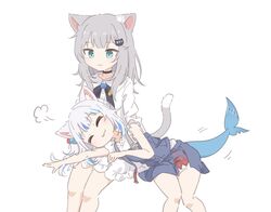  2girls :3 =3 animal_ears aqua_eyes black_choker blue_hair cat_ears cat_girl cat_hair_ornament cat_tail choker commentary_request fins fish_tail gawr_gura gawr_gura_(2nd_costume) grey_hair hair_ornament hololive hololive_english indie_virtual_youtuber invisible_chair lap_pillow miniskirt multicolored_hair multiple_girls nachoneko o_kudake shark_tail sitting skirt streaked_hair tail virtual_youtuber white_hair 