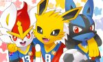 3boys animal_ears animal_hands animal_nose arm_around_neck artist_name ball black_fur black_sclera blue_fur body_fur bright_pupils chromatic_aberration cinderace clothed_pokemon colored_sclera commentary_request fang furry furry_male hand_up happy highres holding holding_ball jolteon kiki_(431642) looking_at_viewer lucario male_focus multicolored_shirt multiple_boys open_mouth outline personification pokemon pokemon_(creature) rabbit_boy rabbit_ears red_eyes redhead short_hair short_sleeves smile snout soccer_ball soccer_uniform sportswear star_(symbol) starry_background sweatband twitter_username two-tone_fur watermark waving white_eyes white_fur white_outline white_pupils wolf_boy wolf_ears yellow_fur 