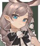  1girl animal_ears black_bow black_bowtie blue_eyes border bow bowtie brown_hair green_background hair_ornament hand_up high_collar highres kofi-mo light_smile looking_at_viewer original outside_border pointy_ears portrait rabbit_ears sample_watermark sketch solo typo white_border x_hair_ornament 