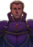  1boy aduti_momoyama armor black_cape black_eyes blonde_hair breastplate brooch cape fire_emblem fire_emblem:_the_binding_blade frown highres jewelry looking_at_viewer male_focus murdock_(fire_emblem) purple_armor red_brooch short_hair simple_background 