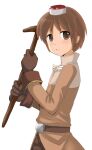  1boy acolyte_(ragnarok_online) biretta brown_eyes brown_gloves brown_hair brown_pants cassock commentary_request cowboy_shot expressionless gloves holding holding_staff long_sleeves looking_at_viewer looking_to_the_side male_focus medium_bangs open_mouth pants ragnarok_online red_headwear short_hair simple_background solo staff uzuki_kouta white_background 