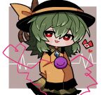  1girl :3 alternate_eye_color black_headwear blush bow brown_background buttons chibi cowboy_shot diamond_button fangs frilled_shirt_collar frilled_sleeves frills green_hair green_skirt hair_between_eyes hat hat_bow heart heart_in_eye heart_of_string highres komeiji_koishi long_hair looking_at_viewer open_mouth red_eyes skirt solo sweater symbol_in_eye third_eye touhou very_long_sleeves waveform white_background yellow_bow yellow_sweater zunusama 