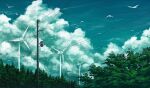  bird blue_sky clouds cloudy_sky commentary_request contrail cumulonimbus_cloud day forest gensuke_(ryun) highres nature no_humans original outdoors power_lines scenery sky tree utility_pole wind_turbine 