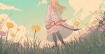  1girl black_pantyhose blonde_hair clouds dress field flower flower_field from_behind grass highres holding holding_ribbon long_hair long_sleeves original outdoors pantyhose poppy_(flower) pumpkinspicelatte red_ribbon ribbon sky solo white_dress 