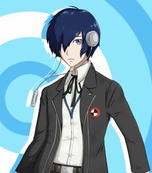  belt black_coat blue_background blue_eyes blue_hair coat collared_shirt digital_media_player emblem ememtrp gekkoukan_high_school_uniform headphones highres persona persona_3 persona_3_portable persona_3_reload school_uniform shirt uniform yuuki_makoto 