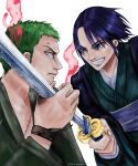  1boy 1girl absurdres aged_up akarinaan artist_name bandana blue_eyes blue_hair closed_mouth fighting green_hair highres holding holding_sword holding_weapon japanese_clothes katana kuina looking_at_another one_piece roronoa_zoro scar scar_on_chest short_hair simple_background smile sword teeth time_paradox weapon white_background 