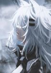  1girl absurdres animal_ear_fluff animal_ears arknights black_coat blurry blurry_background chinese_commentary coat commentary_request covered_eyes crying from_side grey_hair hair_ornament hair_over_eyes hairclip highres langou62797 lappland_(arknights) long_hair overcast parted_lips portrait profile rain sky solo wolf_ears wolf_girl 